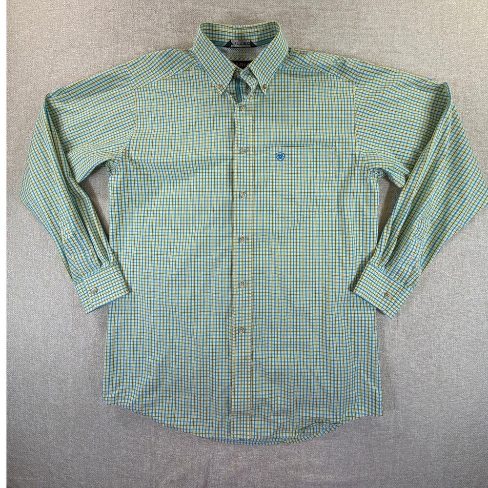 Ariat Pro Series Men Large Blue Yellow Plaid Fitted Long Sleeve Western Shirt